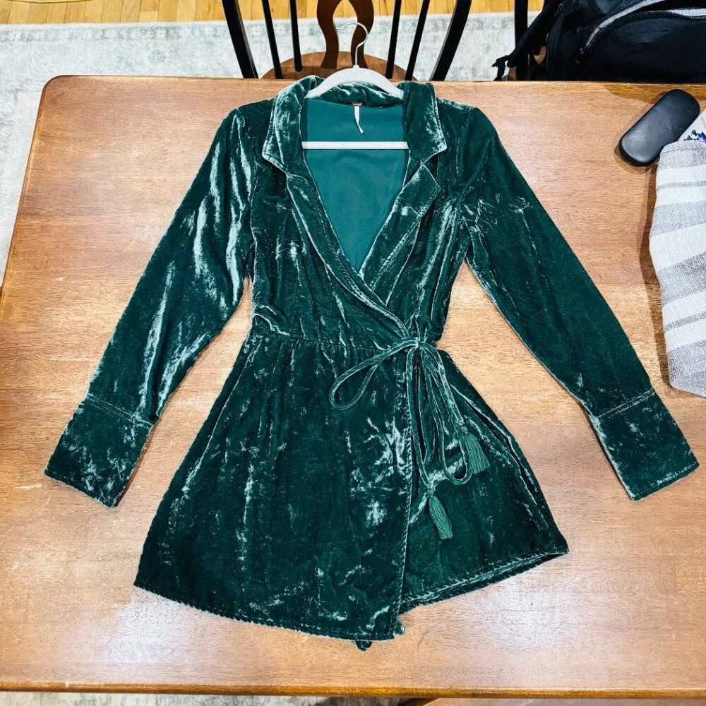 Free People Emerald Green Velvet Wrap Romper